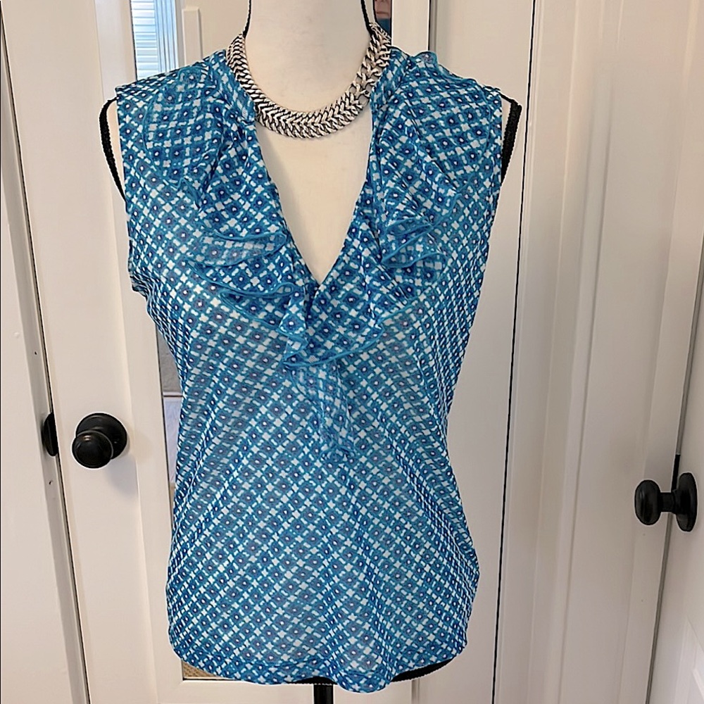 Chaps by Ralph Lauren Turquoise Blue & White Pullover Deep V-Neck Ruffles M EUC
